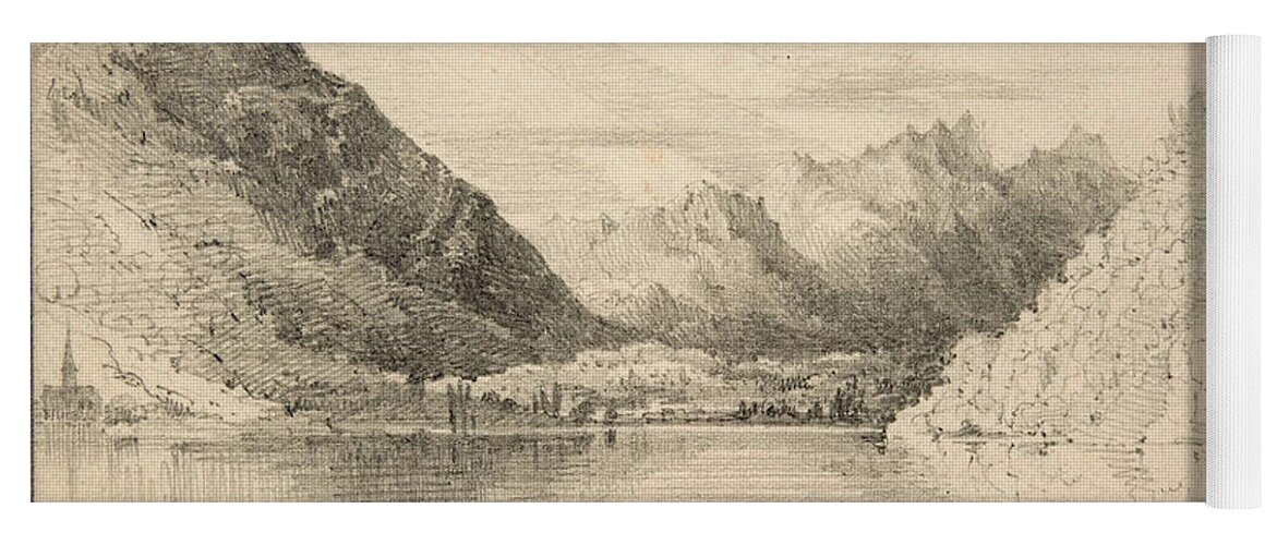Clarkson Frederick Stanfield Yoga Mat featuring the drawing Lake of Thun looking North by Clarkson Frederick Stanfield
