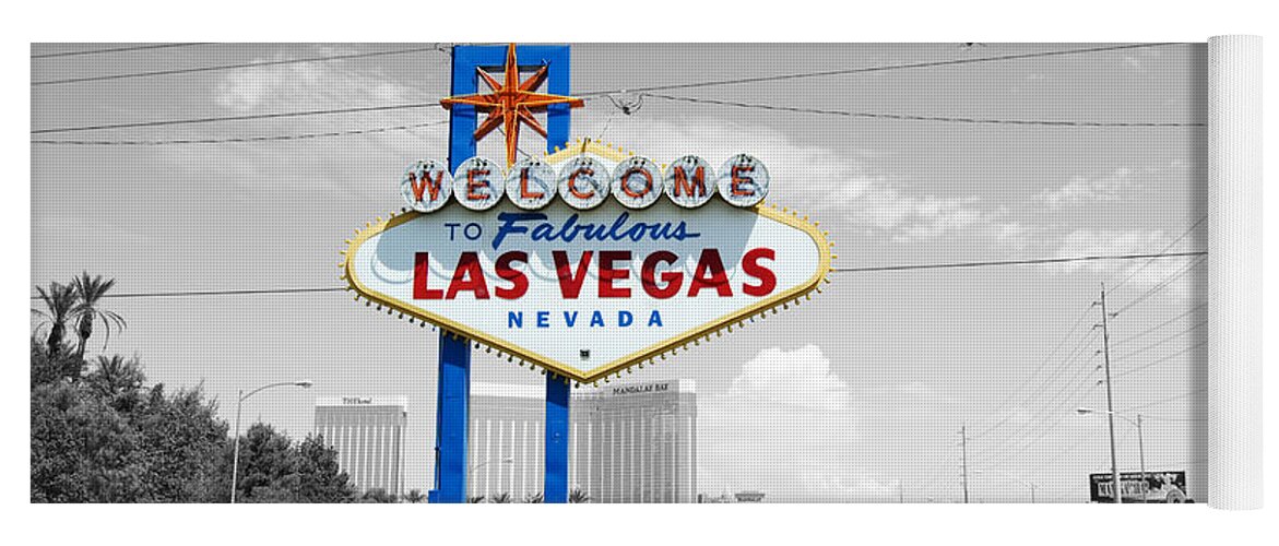 Las Vegas Yoga Mat featuring the photograph Las Vegas Welcome Sign Color Splash Black and White by Shawn O'Brien