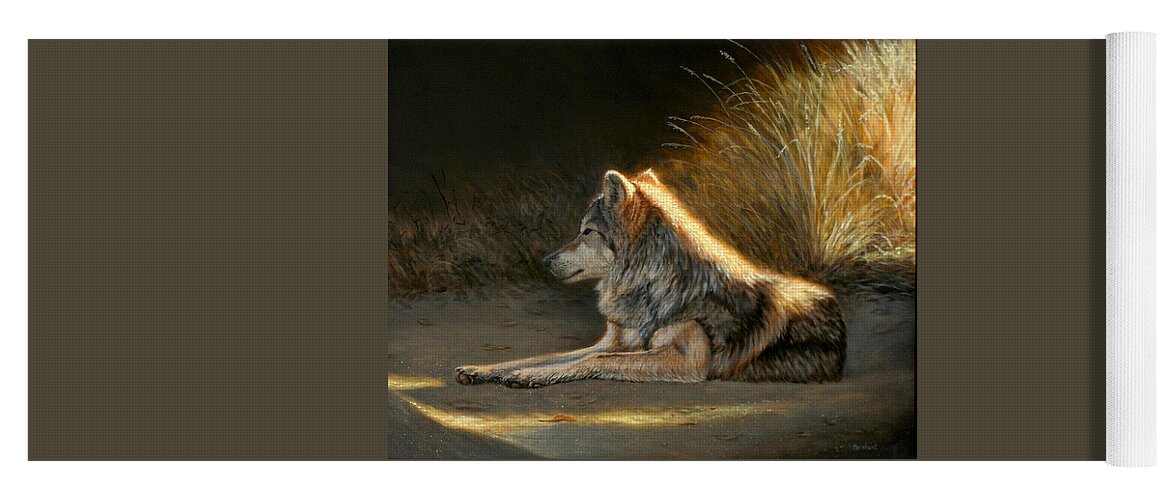 Oil Yoga Mat featuring the painting Last Light - Wolf by Linda Merchant