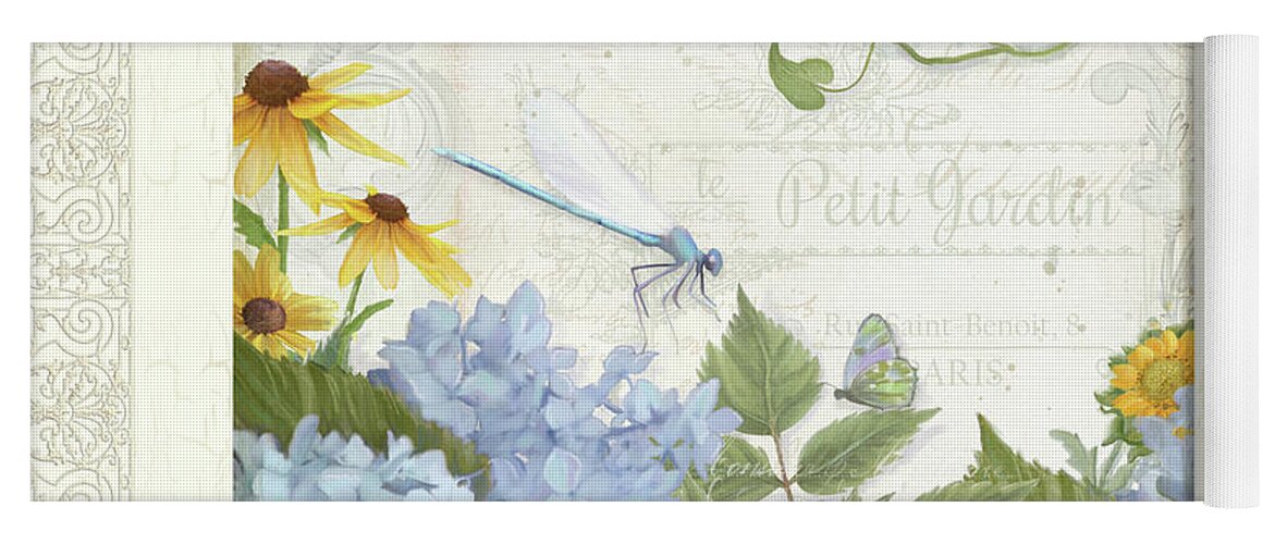 Le Petit Jardin Yoga Mat featuring the painting Le Petit Jardin 2 - Garden Floral W Dragonfly, Butterfly, Daisies And Blue Hydrangeas w Border by Audrey Jeanne Roberts