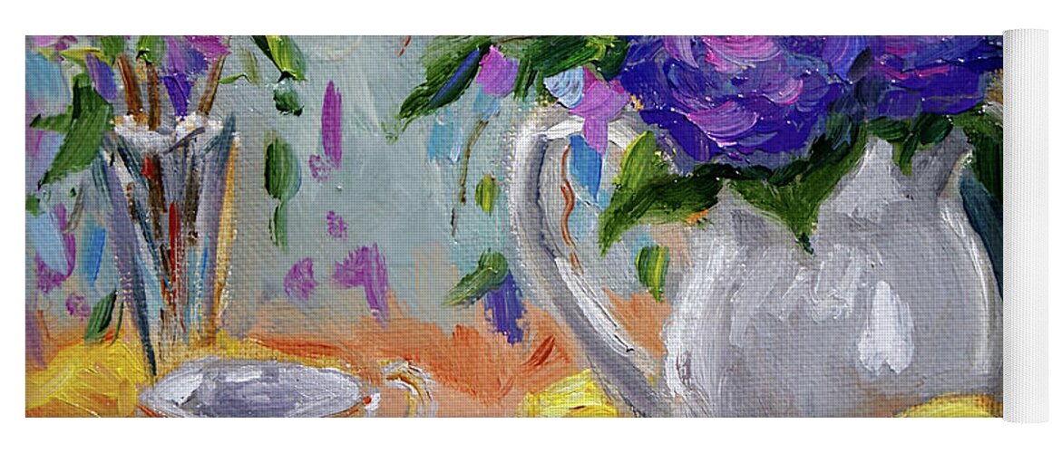 Lemons With Purple Hydrangeas Yoga Mat featuring the painting Lemons and Purple by Jennifer Beaudet