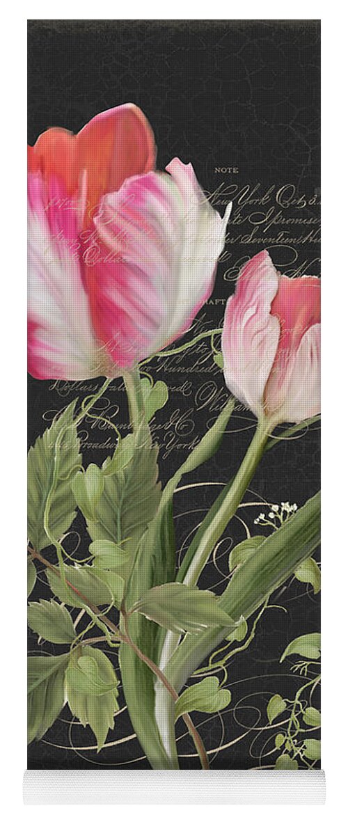 Black Background Yoga Mat featuring the painting Les Fleurs Magnifiques en Noir - Parrot Tulips Vintage Style by Audrey Jeanne Roberts