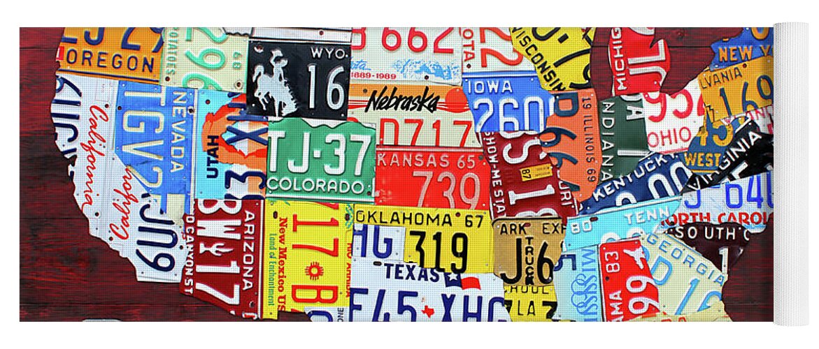 License Plate Map Yoga Mat featuring the mixed media License Plate Map of the United States Custom Edition 2017 by Design Turnpike