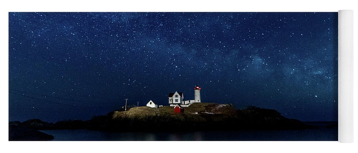 Milky Way Yoga Mat featuring the photograph Light up Nubble Lighthouse by Darryl Hendricks