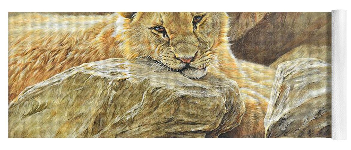 Wildlife Paintings Yoga Mat featuring the painting Lion Cub Study by Alan M Hunt