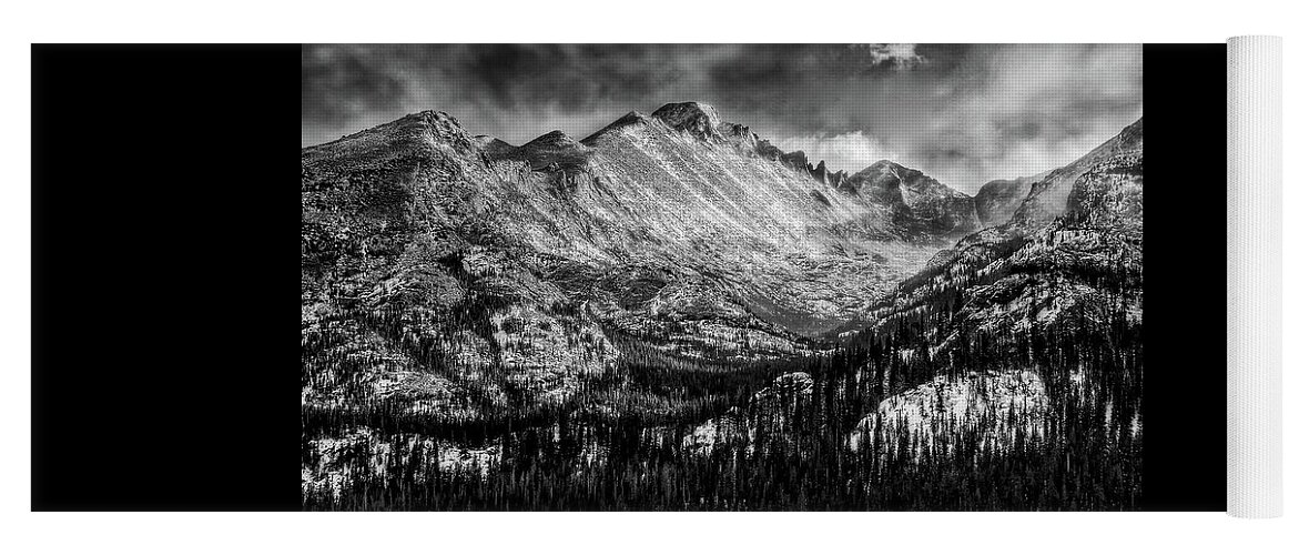 Longs Peak Yoga Mat featuring the photograph Longs Peak Rocky Mountain National Park Black and White by Ken Smith