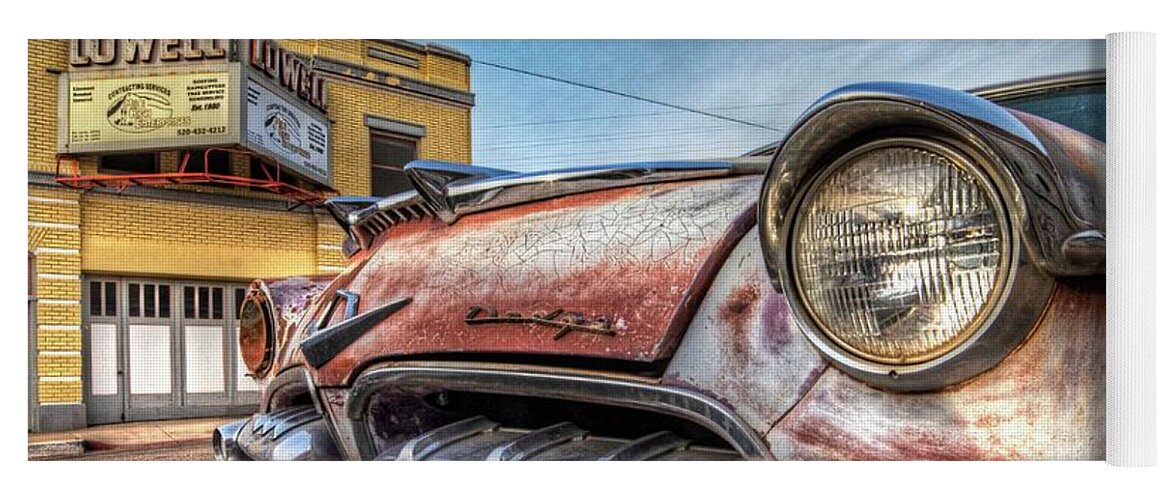 Lowell Yoga Mat featuring the photograph Lowell Arizona Old Rusted Car Lowell Movie Theater by Toby McGuire
