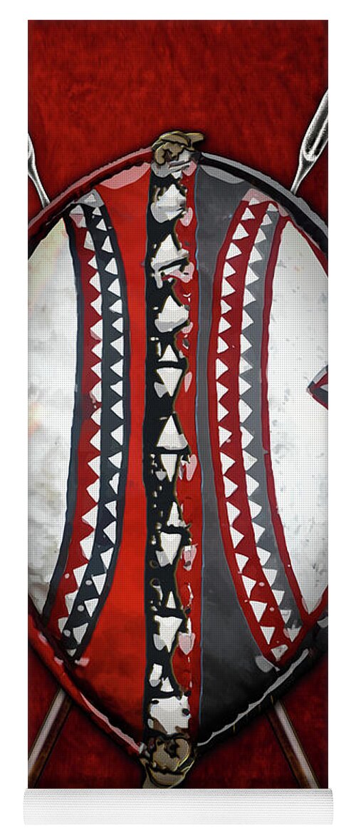 'war Shields' Collection By Serge Averbukh Yoga Mat featuring the digital art Maasai War Shield with Spears on Red Velvet by Serge Averbukh