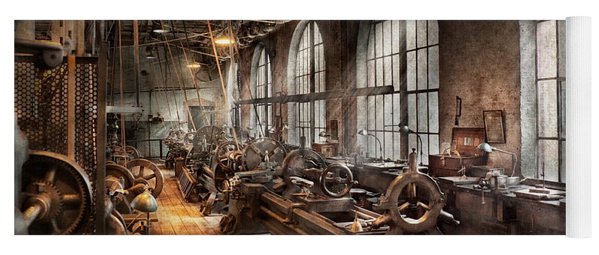 Hdr Yoga Mat featuring the photograph Machinist - A room full of Lathes by Mike Savad
