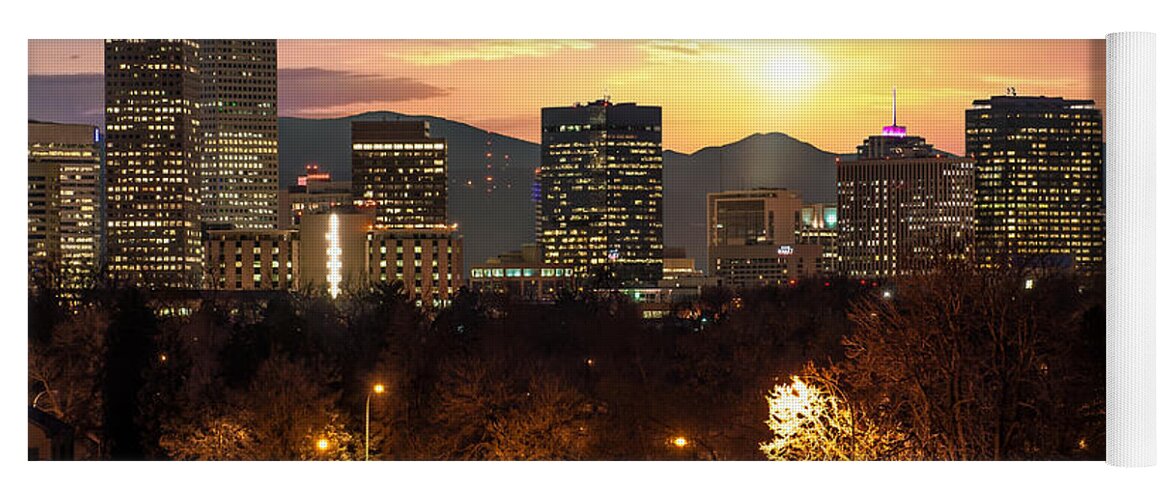 America Yoga Mat featuring the photograph Magical Mountain Sunset - Denver Colorado Downtown Skyline by Gregory Ballos