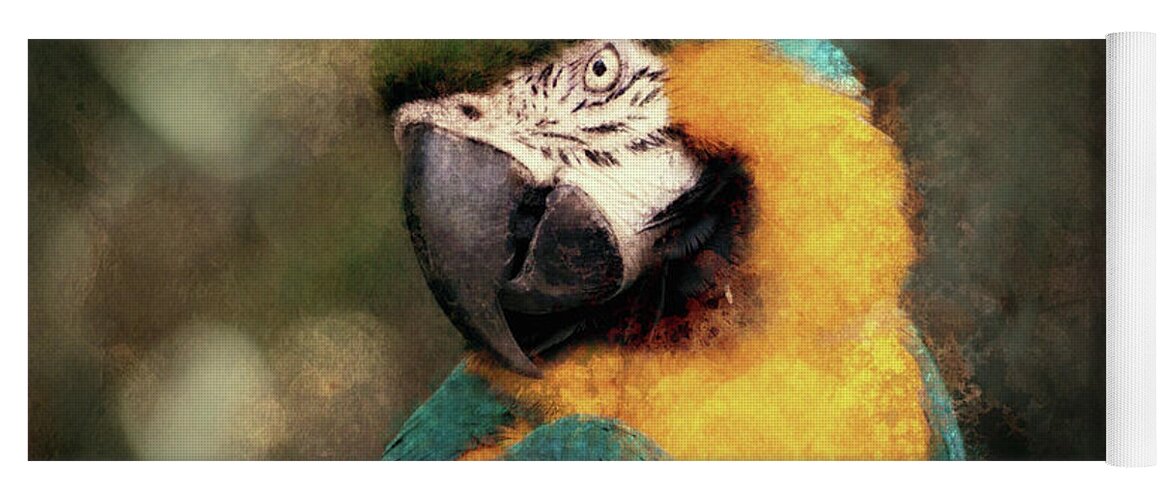 Blue And Gold Macaw Art Print Yoga Mat featuring the mixed media Majestic Macaw by Susan Maxwell Schmidt