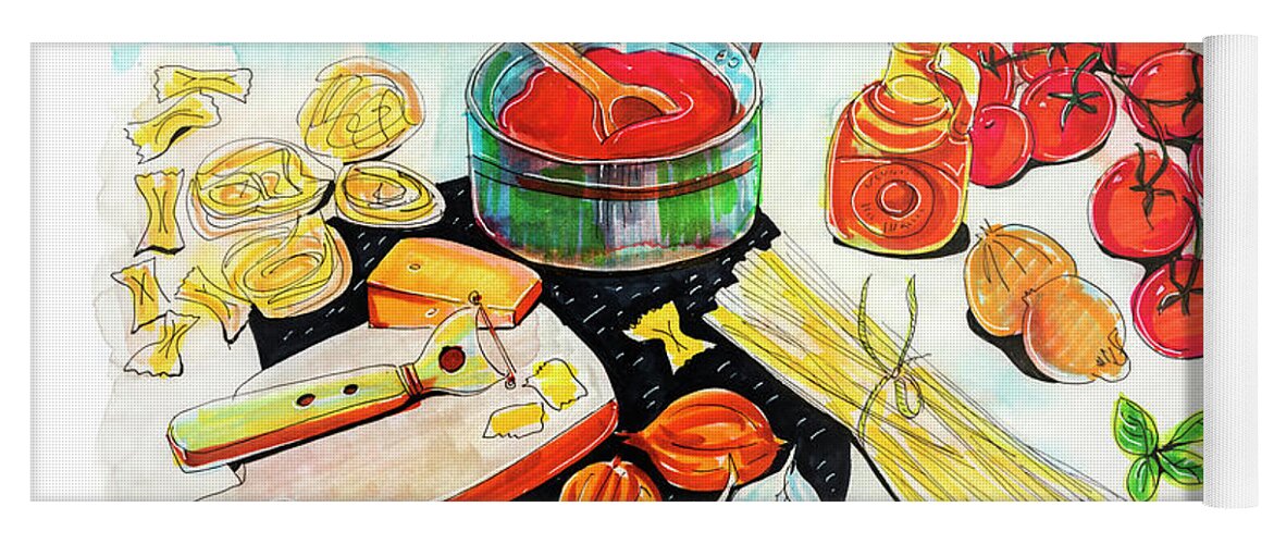 Illustration Yoga Mat featuring the drawing making Italian tomato's sauce by Ariadna De Raadt
