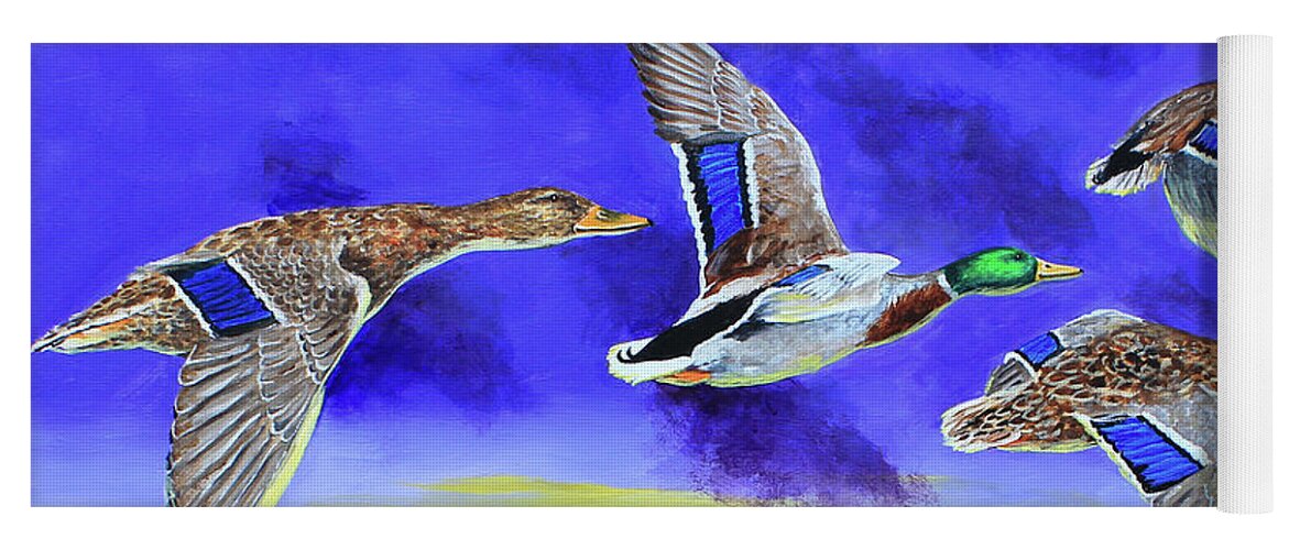 Mallards Yoga Mat featuring the painting Mallards Early Morning Flight by Karl Wagner