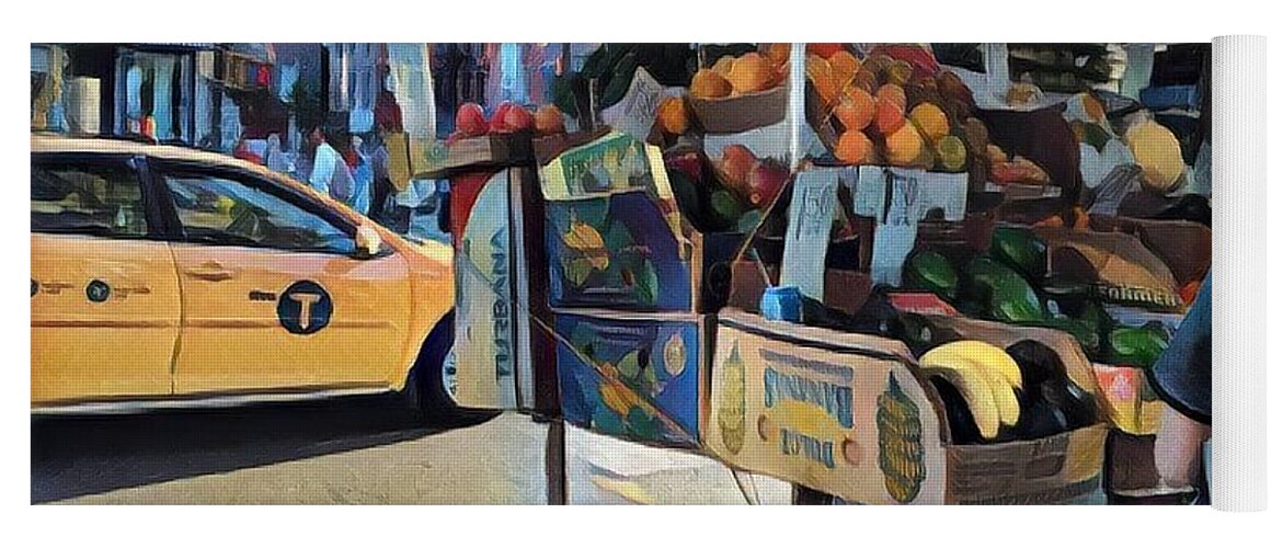 Market Yoga Mat featuring the photograph Market Day in New York - Fruitstand Umbrella and Taxi by Miriam Danar