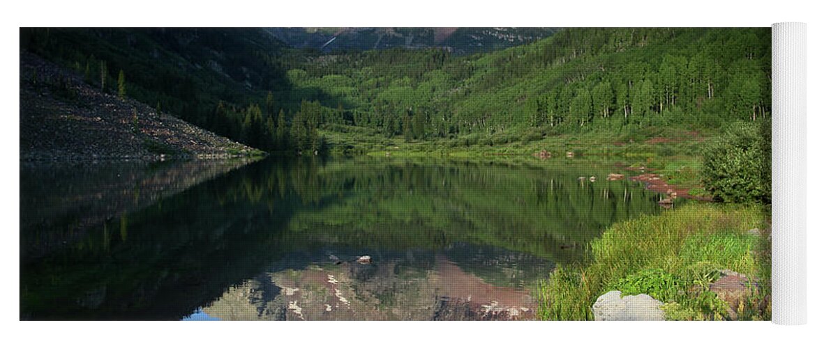 Colorado Yoga Mat featuring the photograph Maroon Bells Peak and Lake by Brett Pelletier