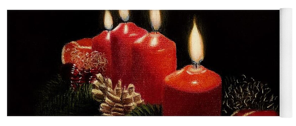 Candles Yoga Mat featuring the pastel Merry Christmas by Marlene Little
