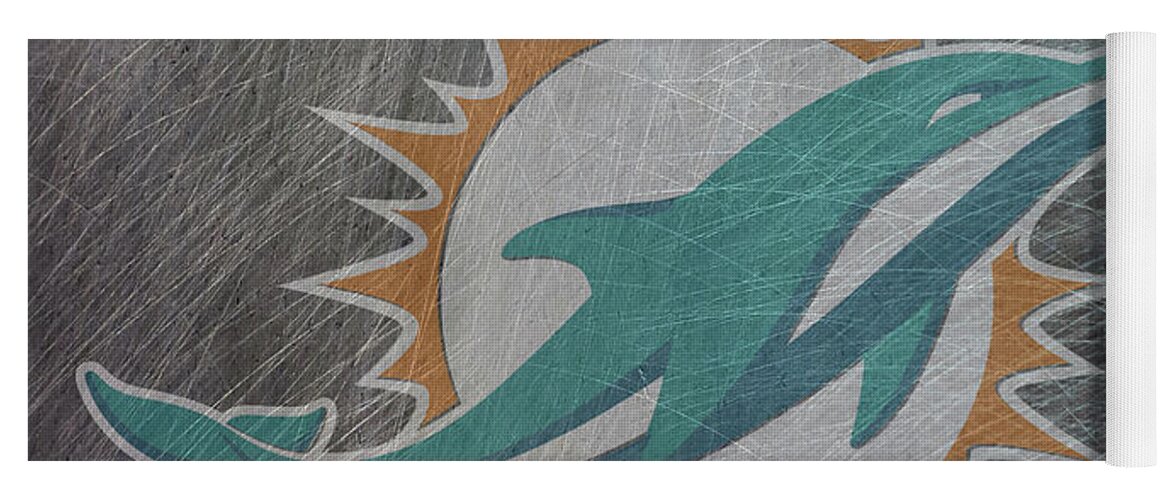 Miami Yoga Mat featuring the mixed media Miami Dolphins Translucent Steel by Movie Poster Prints