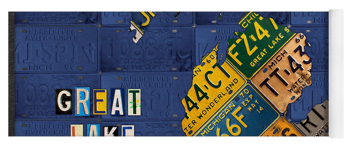 Michigan Yoga Mat featuring the mixed media Michigan License Plate Map Great Lake State with Vintage Blue Plate Background Edition by Design Turnpike