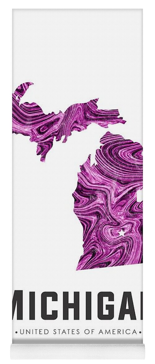 Michigan Yoga Mat featuring the mixed media Michigan Map Art Abstract in Purple by Studio Grafiikka