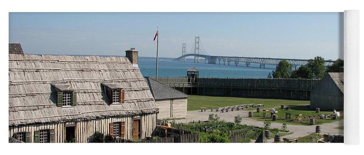 Colonial Michilmackinac Yoga Mat featuring the photograph Michilimackinac and Mackinac Bridge by Keith Stokes