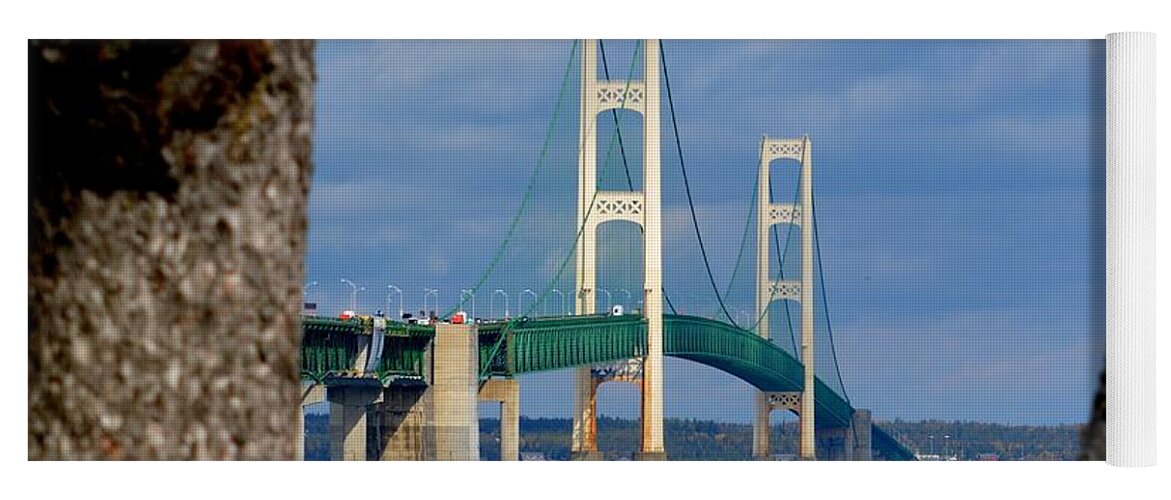 Mackinac Bridge Yoga Mat featuring the photograph Mighty Mac Framed by Trees by Keith Stokes