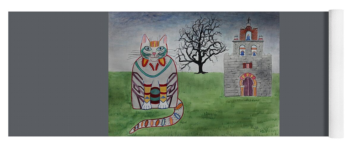 Mission Espada Yoga Mat featuring the painting Mission Espada Cat by Vera Smith