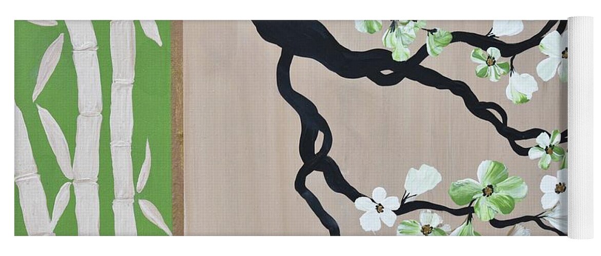 Modern- Cherry Blossoms- Cherry Blossom Painting-bamboo Art-bamboo Painting- Green Flower Blossoms- Oriental Bamboo Painting- Zen Bamboo Art- Spring -flower Blossoms- Elegant-chic Modern Art Yoga Mat featuring the painting Modern Bamboo Painting Cherry Blossoms Art Spring Flower Blossoms Painting by Geanna Georgescu