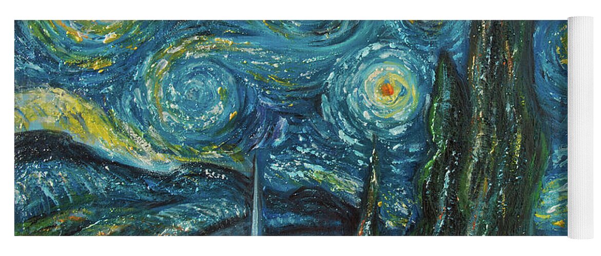 Lenaowens Yoga Mat featuring the digital art Modern interpretation of Vincent Van Gogh's scene of The Starry Night. by OLena Art by Lena Owens - Vibrant DESIGN