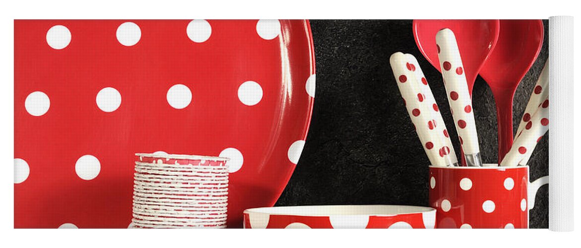 Modern Yoga Mat featuring the photograph Modern Red and White Polka Dot Kitchen by Milleflore Images
