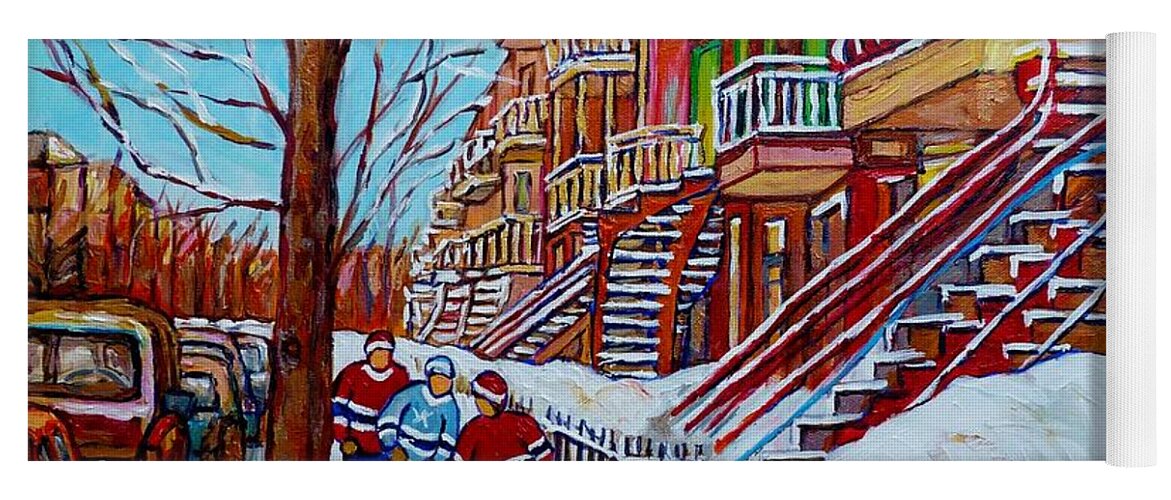 Montreal Yoga Mat featuring the painting Montreal Art Winter Staircase Scenes Hockey Art Painting For Sale C Spandau Canadian Street Scenes  by Carole Spandau