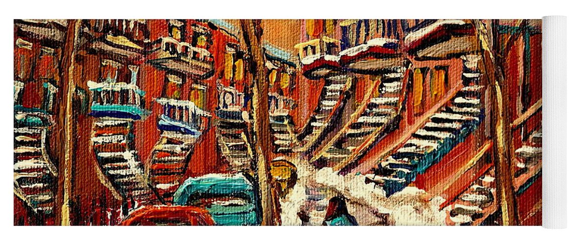  Montreal Street In Winter Yoga Mat featuring the painting Montreal Citystreet In Winter by Carole Spandau