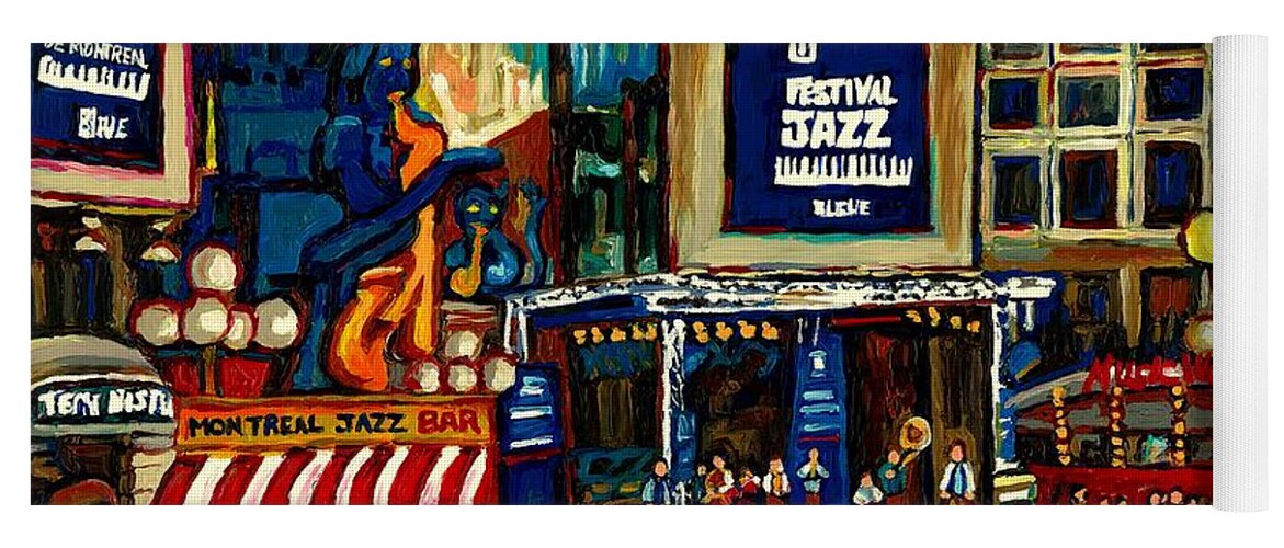 Montreal Yoga Mat featuring the painting Montreal Jazz Festival Arcade by Carole Spandau