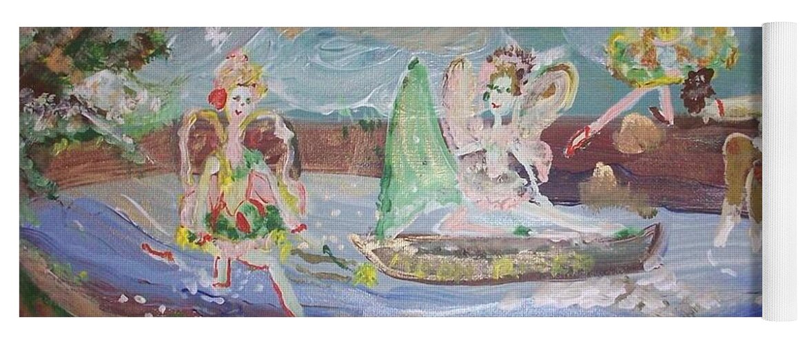 Moon Yoga Mat featuring the painting Moon River Fairies by Judith Desrosiers