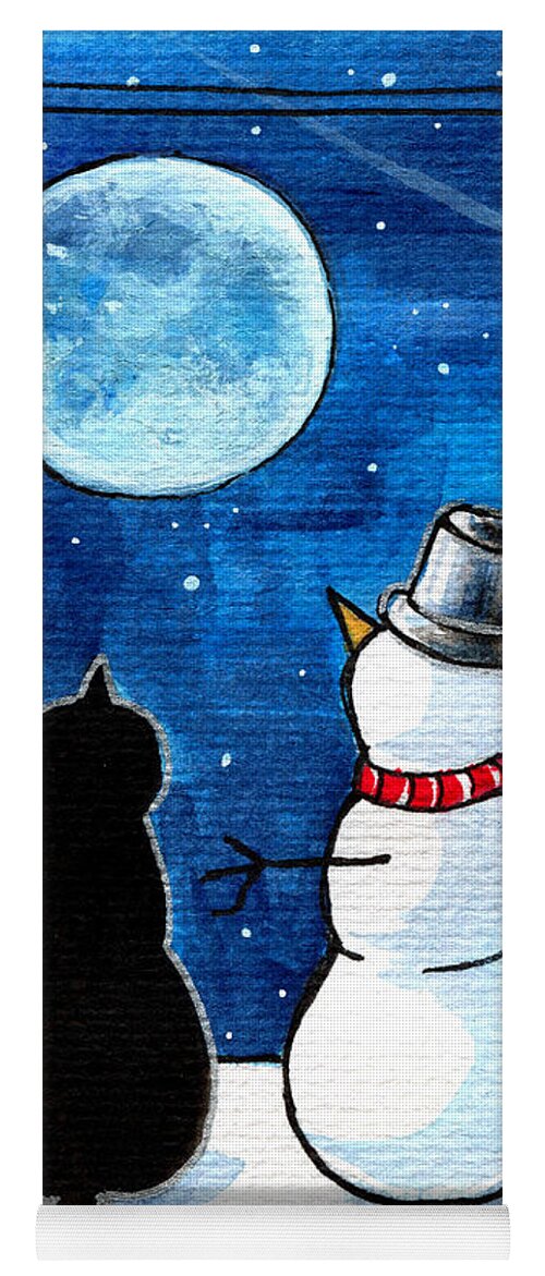 Moon Watching With Snowman Yoga Mat featuring the painting Moon Watching With Snowman - Christmas Cat by Dora Hathazi Mendes