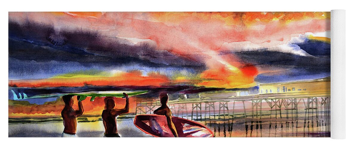 Original Watercolors Yoga Mat featuring the painting Morning surfers by Julianne Felton