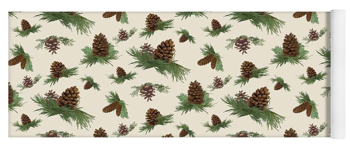 Pine Cones Yoga Mat featuring the painting Mountain Lodge Cabin in the Forest - Home Decor Pine Cones by Audrey Jeanne Roberts