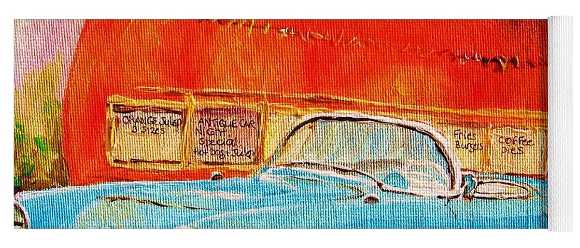 Montreal Yoga Mat featuring the painting My Blue Corvette at the Orange Julep by Carole Spandau
