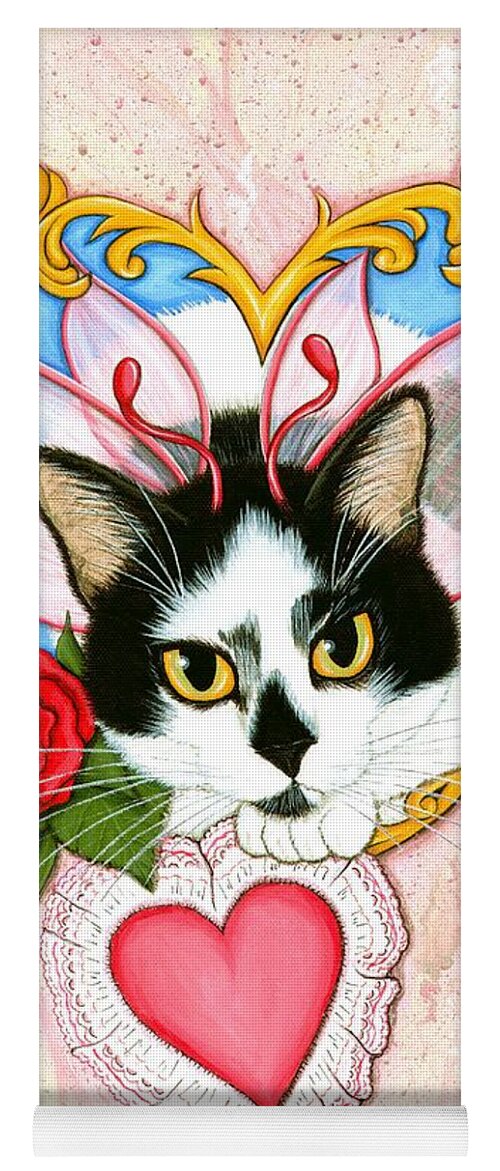Tuxedo Cat Yoga Mat featuring the painting My Feline Valentine Tuxedo Cat by Carrie Hawks