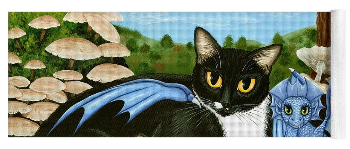 Tuxedo Cat Yoga Mat featuring the painting Nami and Rookia's Dragons - Tuxedo Cats by Carrie Hawks