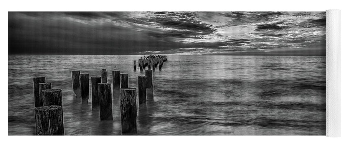 Old Naples Pier Yoga Mat featuring the photograph Naples sunset in Black and White by Paul Quinn