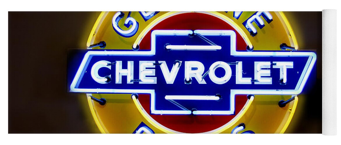 Neon Sign Yoga Mat featuring the photograph Neon Genuine Chevrolet Parts Sign by Mike McGlothlen