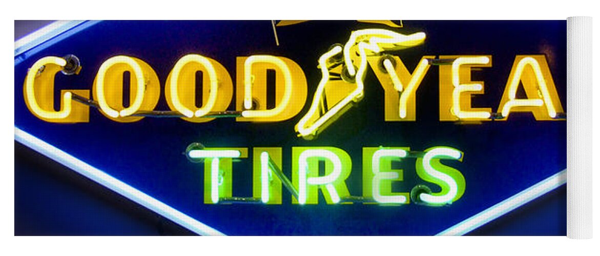 Transportation Yoga Mat featuring the photograph Neon Goodyear Tires Sign by Mike McGlothlen
