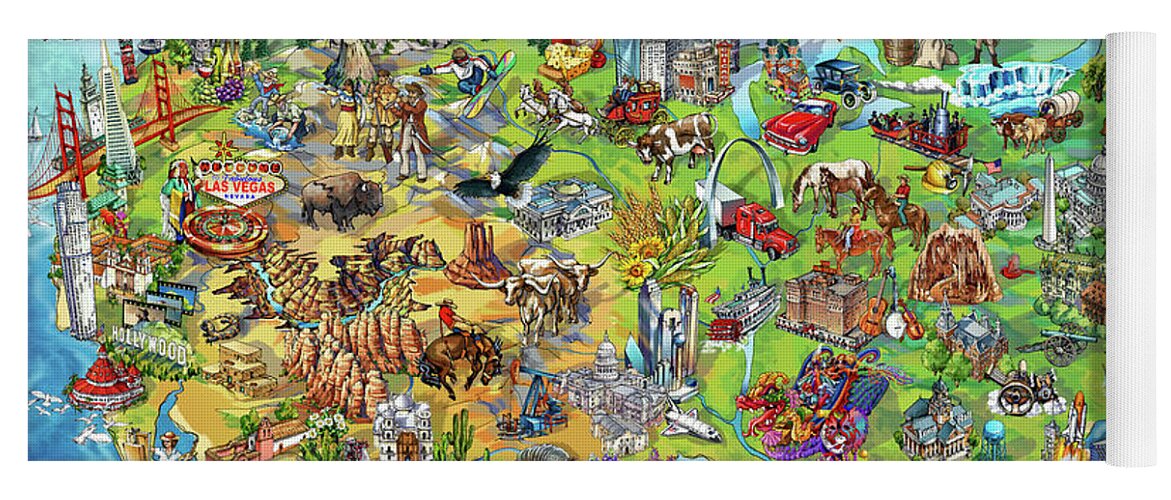 Los Angeles; Santa Barbara; Us; Usa; Maria Rabinky; Rabinky; New York; Illustrated Map; United States; Chicago; San Francisco; Pictorial Map; America; Colorful Map Of America Yoga Mat featuring the painting North America Wonders Map Illustration by Maria Rabinky