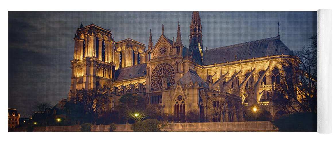 Joan Carroll Yoga Mat featuring the photograph Notre Dame on the Seine Textured by Joan Carroll