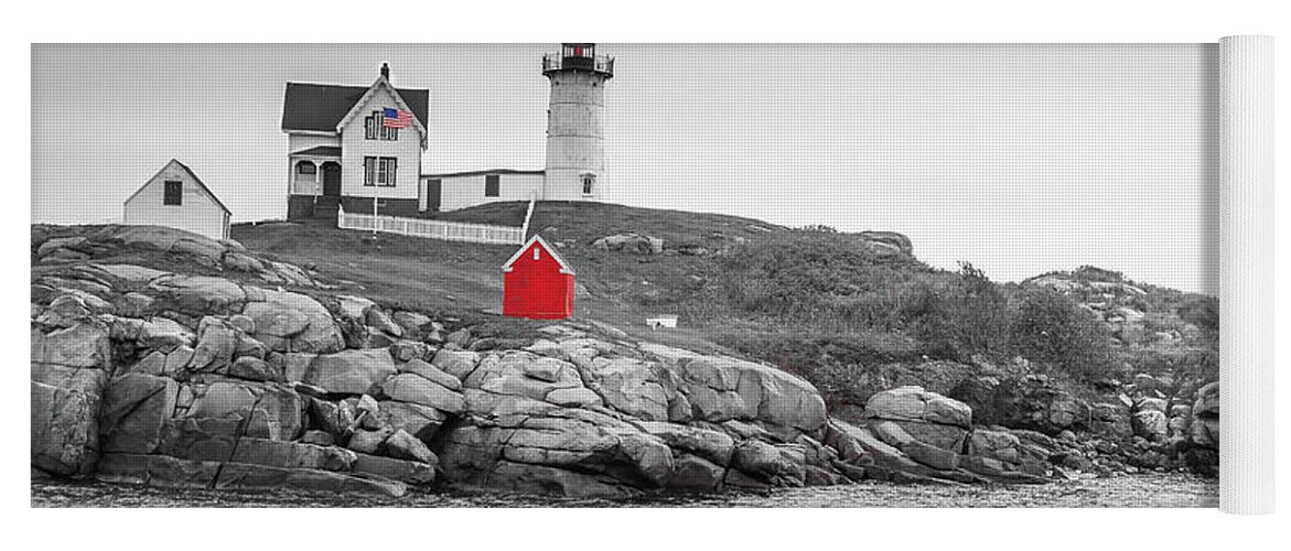 Nubble Lighthouse Yoga Mat featuring the photograph Nubble Lighthouse in color and black and white by Doug Camara