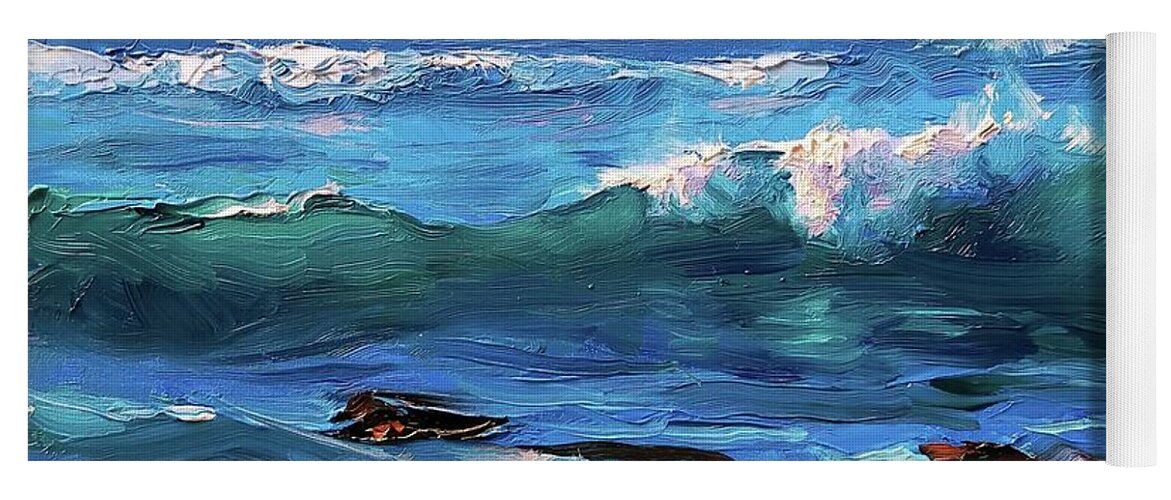 Seascape Yoga Mat featuring the painting Coastal Ocean Sunset at Turtle Bay, Oahu Hawaii Beach seascape by K Whitworth
