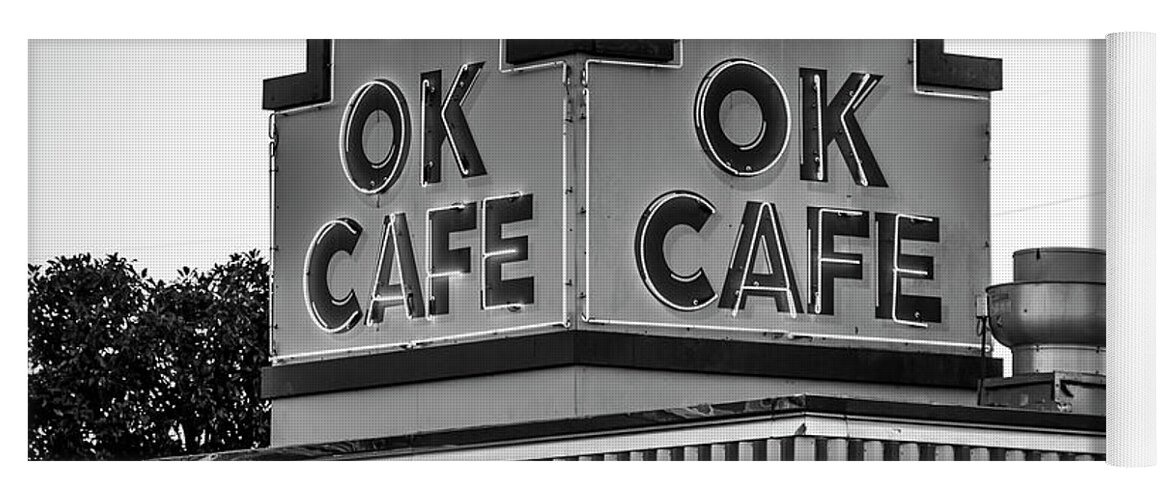 Reid Callaway Atlanta Classic Ok Cafe Yoga Mat featuring the photograph OK CAFE Neon 2 B W Atlanta Classic Landmark Restaurant Art by Reid Callaway
