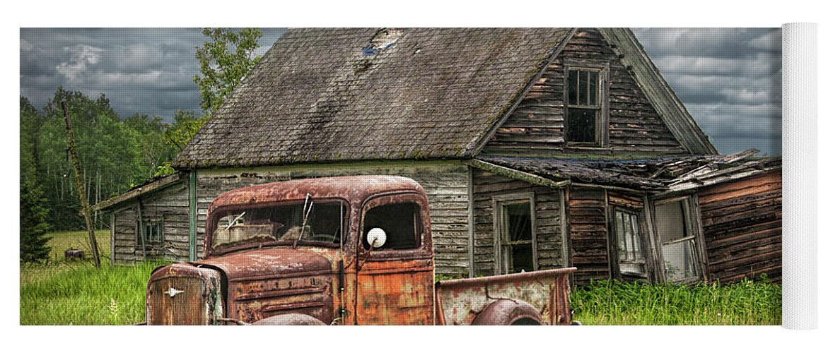 Landscape Yoga Mat featuring the photograph Old Abandoned Pickup by run down Farm House by Randall Nyhof