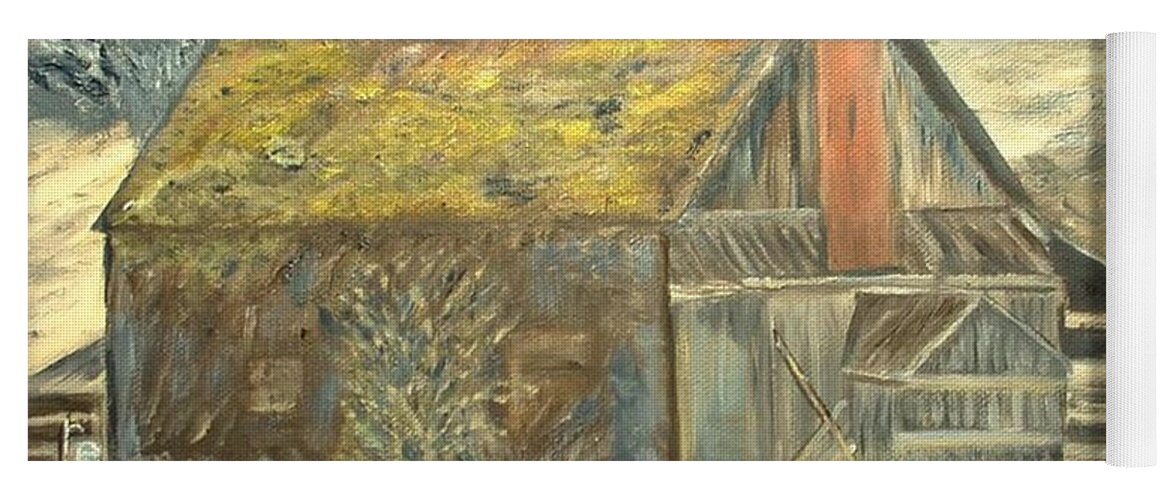 Barn Landscape Old Yoga Mat featuring the painting Old Barn Mossey Roof by Kenneth LePoidevin