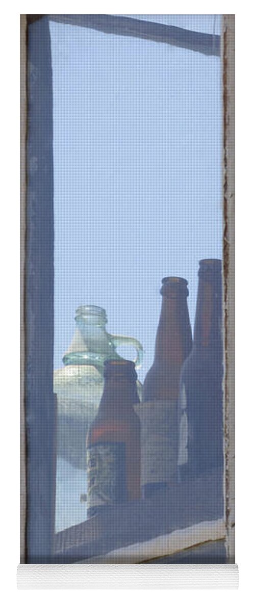 Old Yoga Mat featuring the photograph Old Bottles in Window by Marcia Socolik